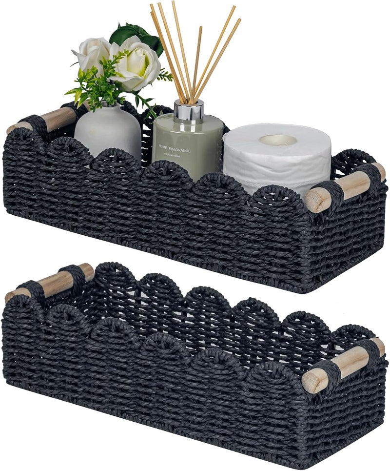 CubesLand Scalloped Edge Decor Basket for Living Room, Home, Bathroom, 2SAME SIZE Paper Rope Baskets, Toilet Storage Baskets for Over Toilet Storage Shelf, Cozy Woven Basket Both Storage&Decor, Black - Image 1